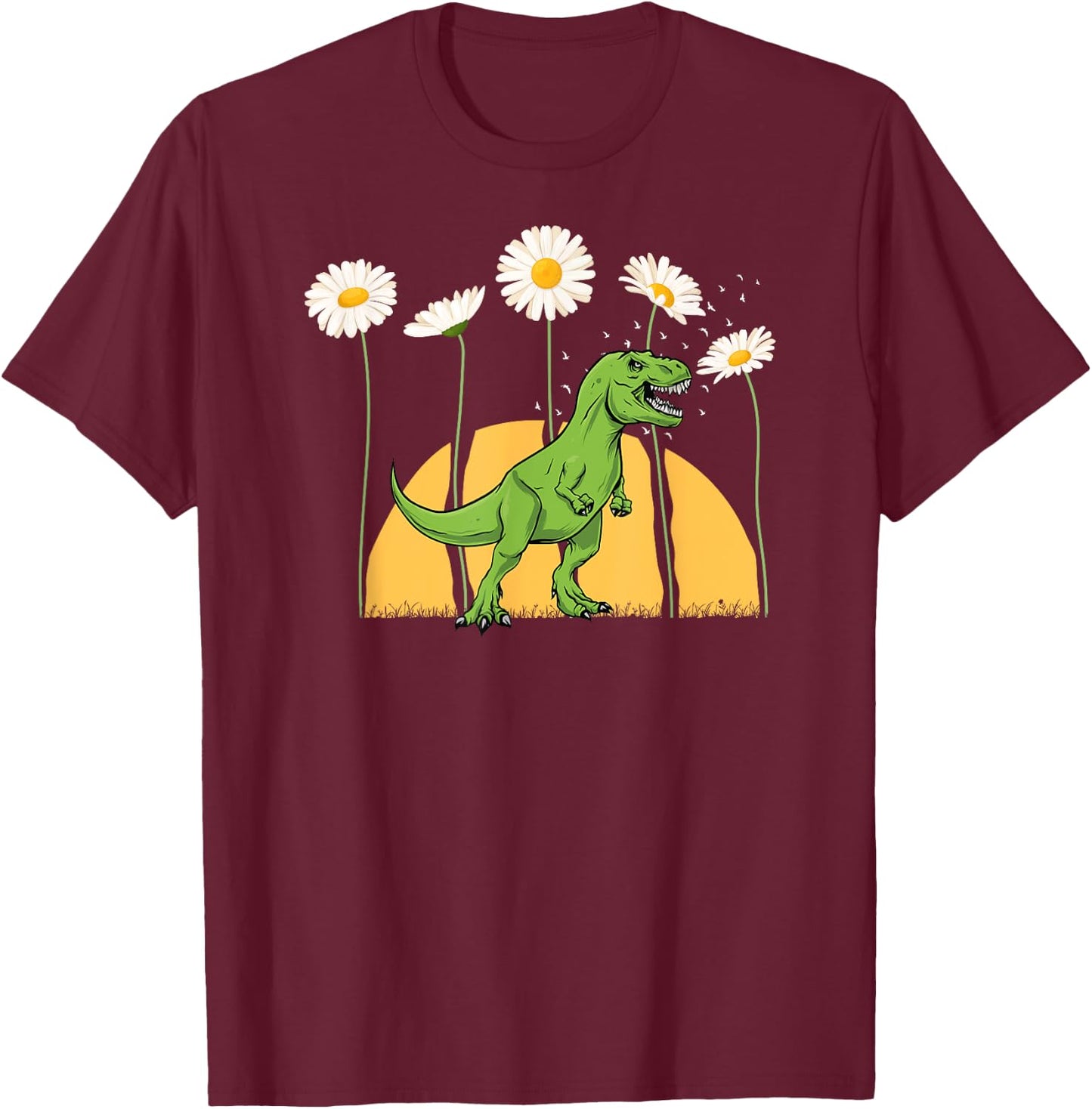 Dinosaur Spring Sunset Towering Daisy Flowers Dino T rex T-Shirt - T-Shirt | Maroon