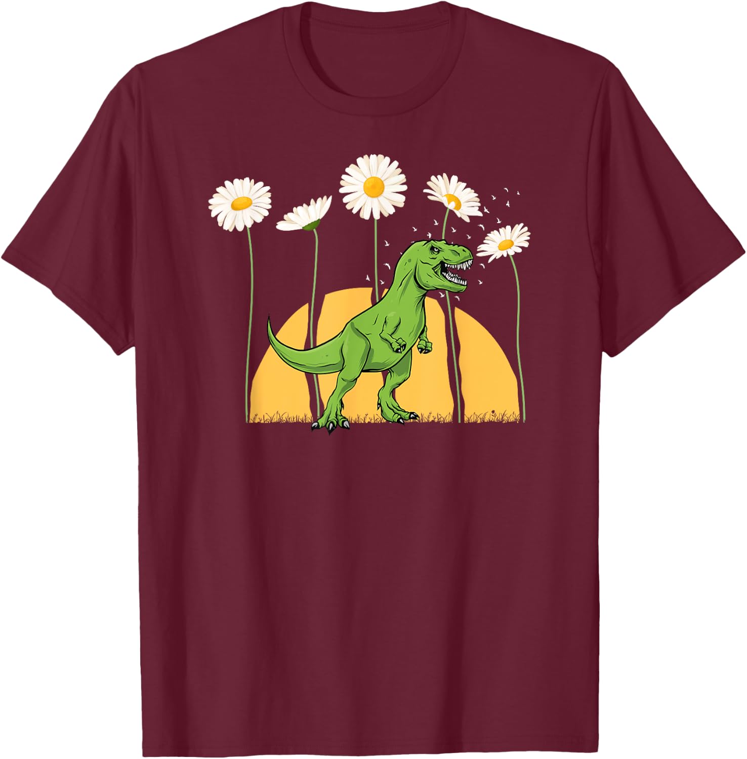 Dinosaur Spring Sunset Towering Daisy Flowers Dino T rex T-Shirt - T-Shirt | Maroon