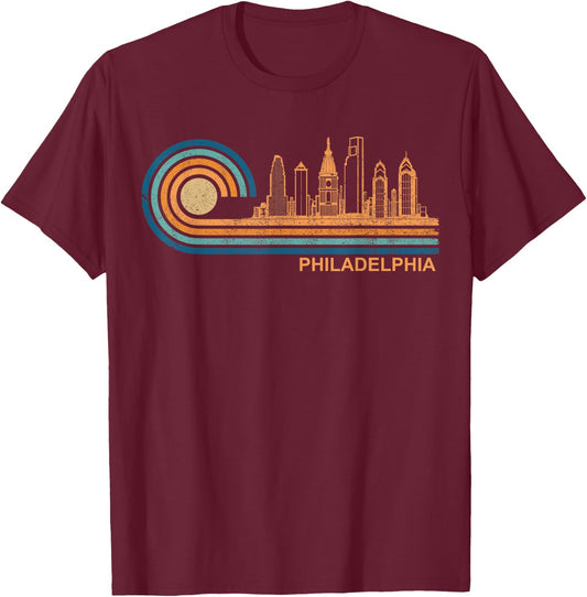 City Skyline Apparel Co. Philadelphia Skyline Retro - Black, -Adults, Small, Short Sleeve, , Classic Fit, Cotton 65%, Polyester 35% T-Shirt - T-Shirt | Maroon