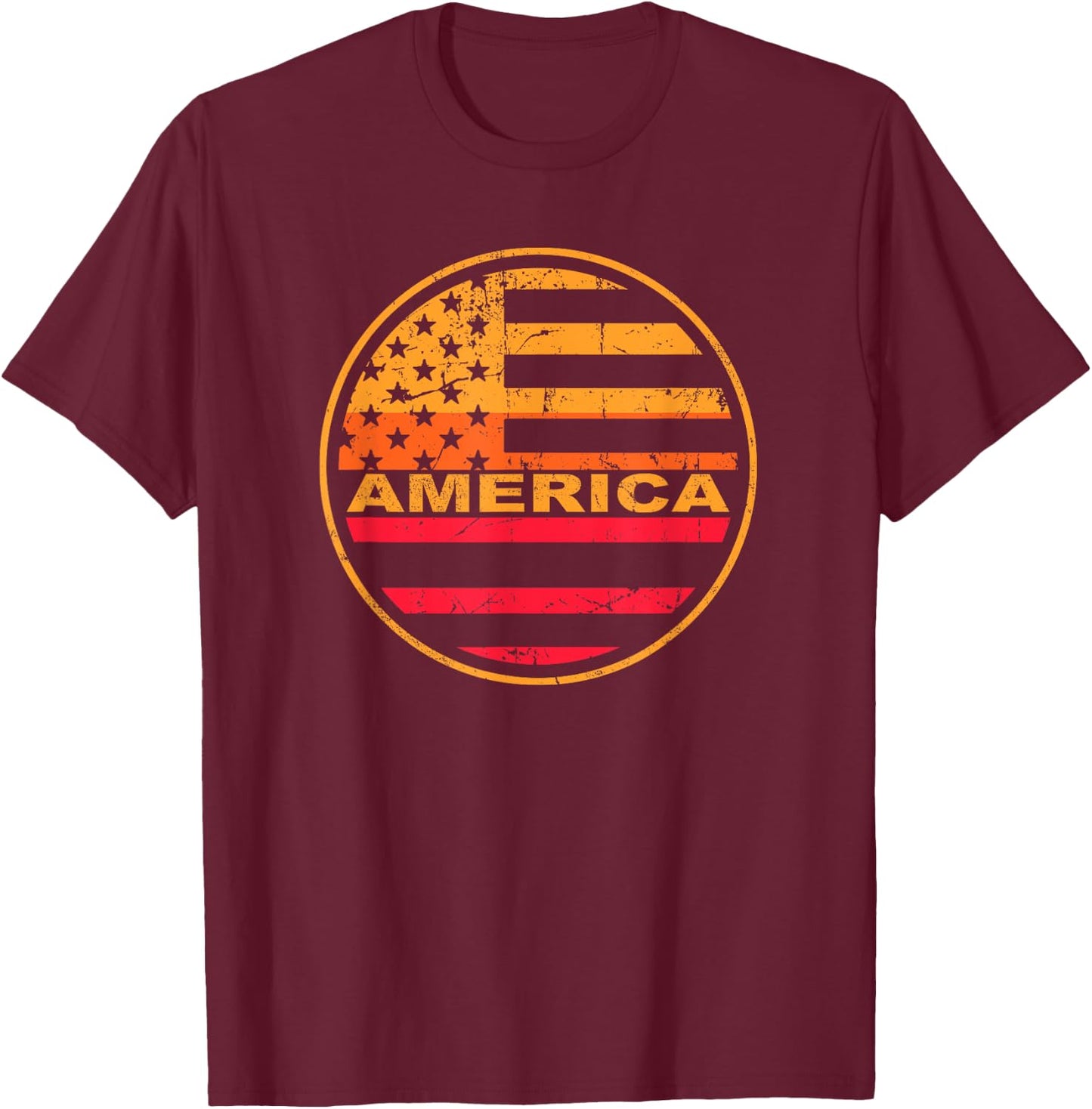 Distressed Sunset America Flag Summer T-Shirt - T-Shirt | Maroon
