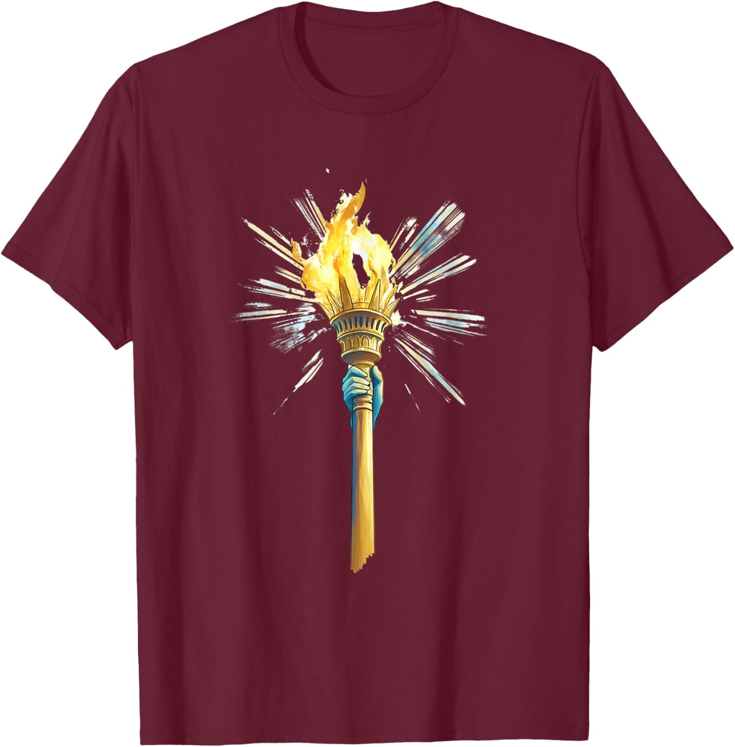 Statue Of Liberty Torch With Fiery Flames T-Shirt - T-Shirt | Maroon