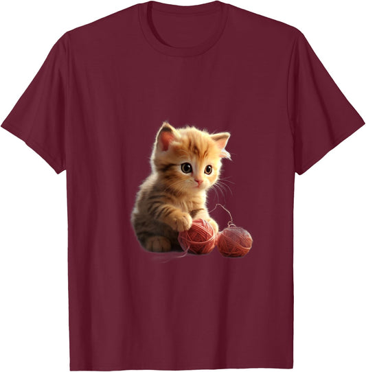 Baby Kitten Playing with Ball of Yarn Graphic Design T-Shirt - T-Shirt | Maroon