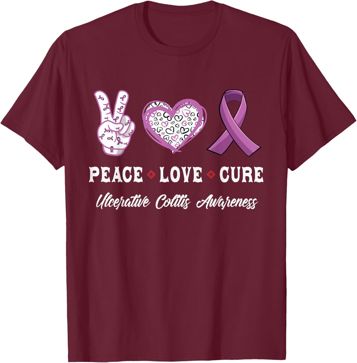 Peace Love cure Ulcerative colitis awareness men women T-Shirt - T-Shirt | Maroon