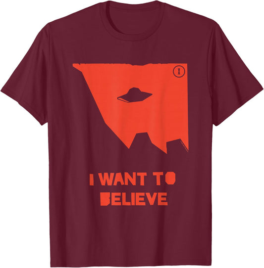 X-Files I Want To Believe UFO Silhouette Big Chest Text Logo T-Shirt - T-Shirt | Maroon