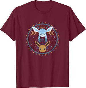Pokémon Eevee & Glaceon Winter Themed Circle Portrait T-Shirt - T-Shirt | Maroon