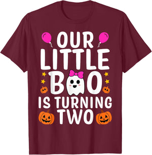Our Little Boo Is Turning Two Yr 2nd Birthday Girl Halloween T-Shirt - T-Shirt | Maroon