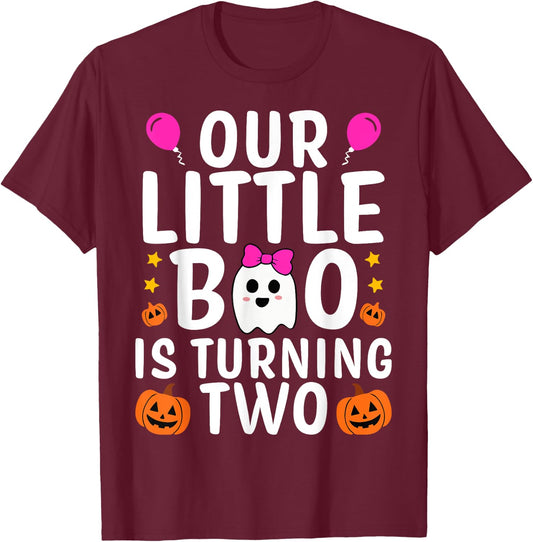 Our Little Boo Is Turning Two Yr 2nd Birthday Girl Halloween T-Shirt - T-Shirt | Maroon