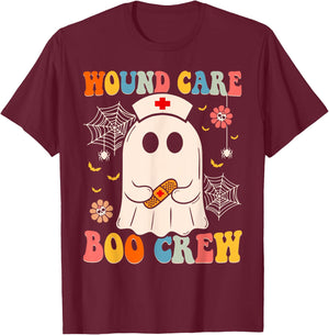 Groovy Wound Care Boo Crew Nurse Funny Ghost Halloween Nurse T-Shirt - T-Shirt | Maroon