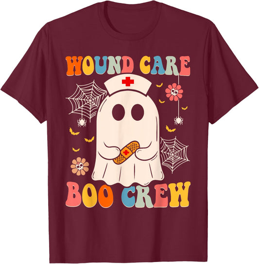 Groovy Wound Care Boo Crew Nurse Funny Ghost Halloween Nurse T-Shirt - T-Shirt | Maroon