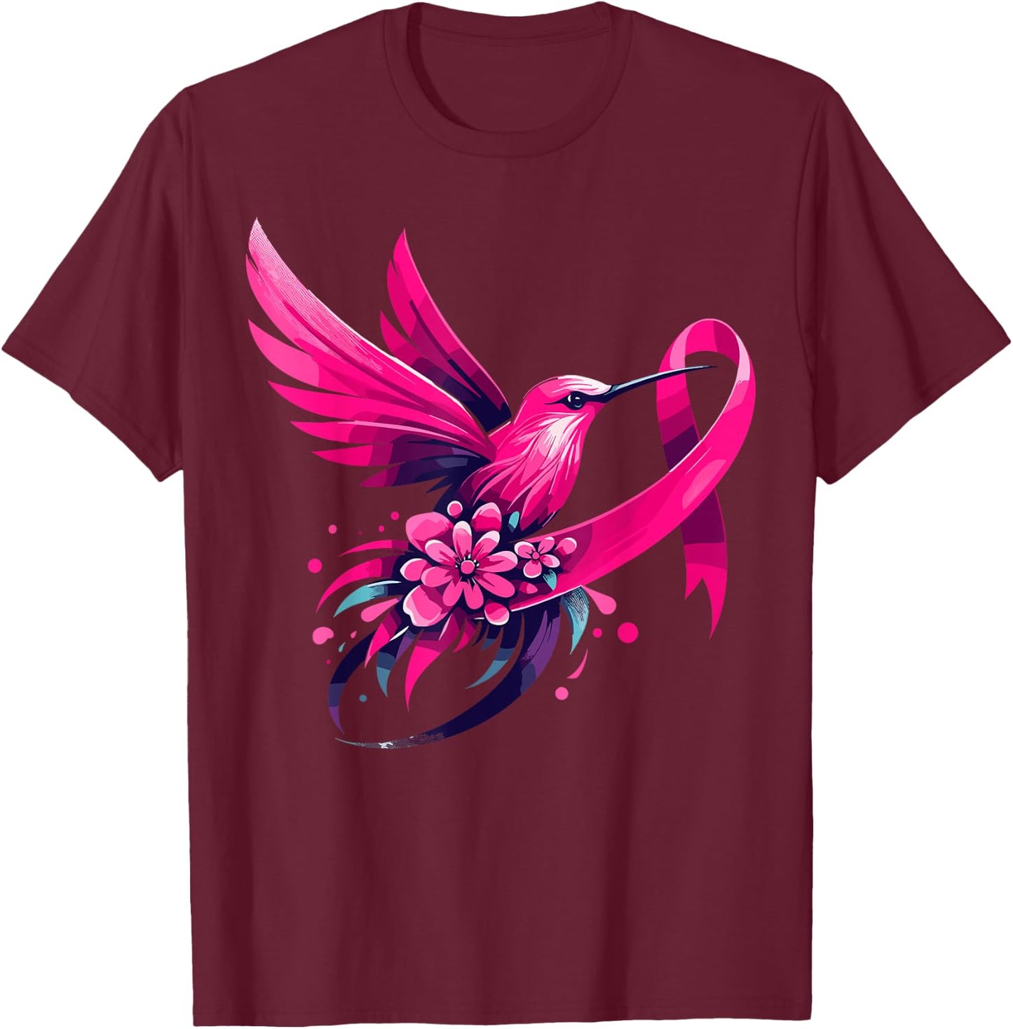 Hummingbird Flower Pink Ribbon Breast Cancer Awareness T-Shirt - T-Shirt | Maroon