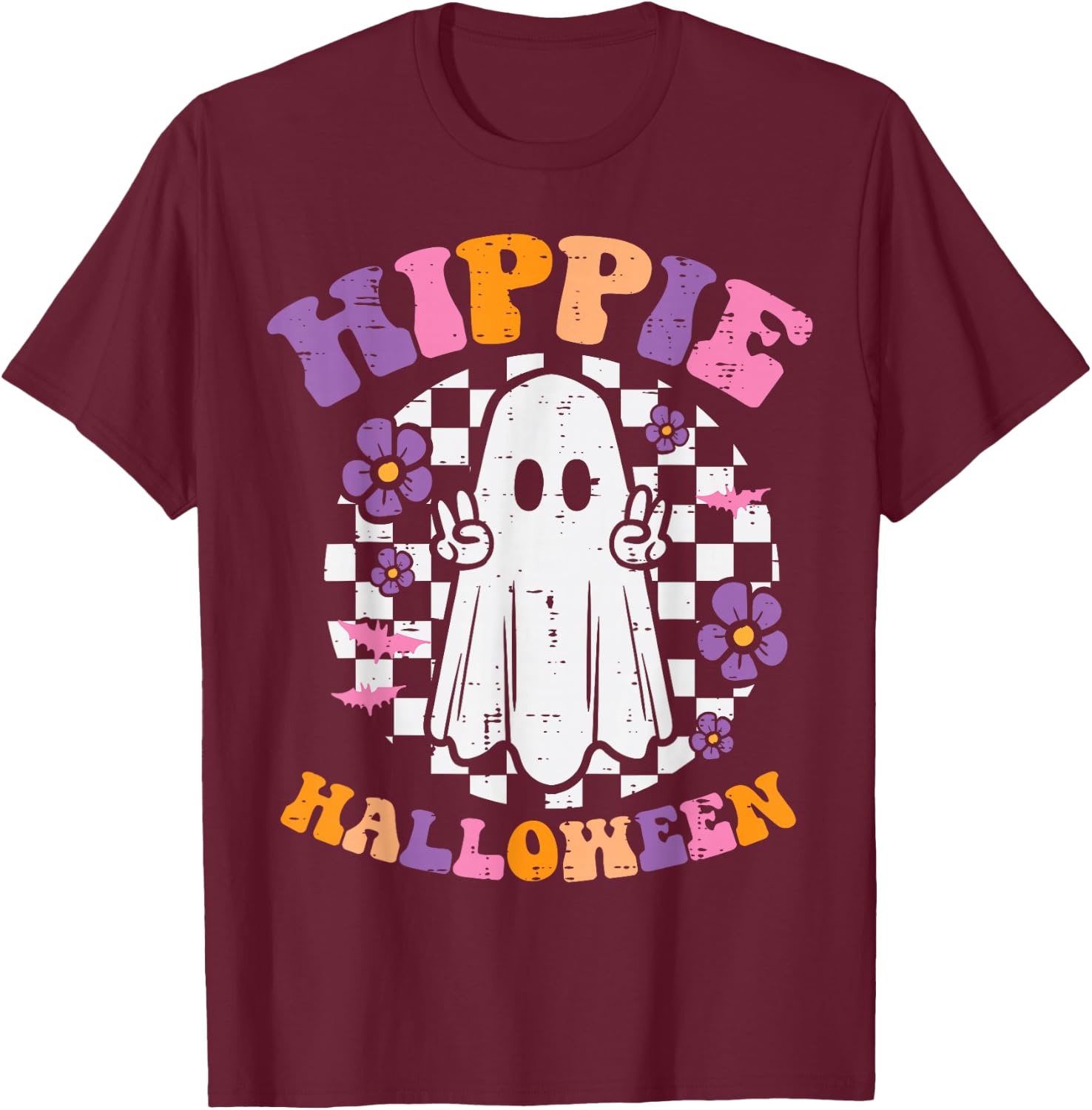 Hippie Halloween Ghost Peace Retro Costume Women Kids Men T-Shirt - T-Shirt | Maroon