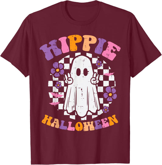 Hippie Halloween Ghost Peace Retro Costume Women Kids Men T-Shirt - T-Shirt | Maroon
