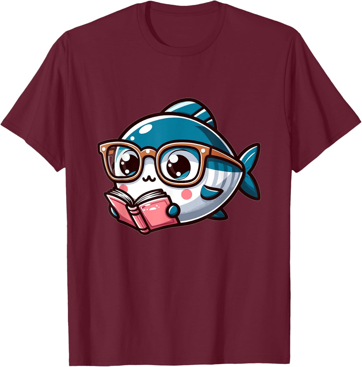 Adorable Book Lover Tuna Fish With Reading Glasses Cute T-Shirt - T-Shirt | Maroon