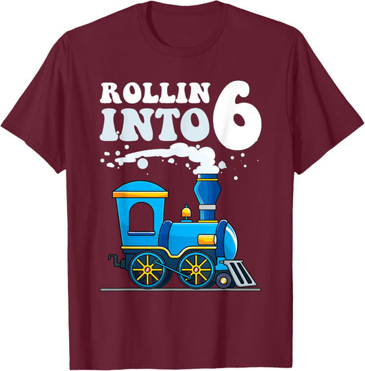 Rollin' Into 6 Train 6th Birthday Party Six Years Old Boys T-Shirt - T-Shirt | Maroon
