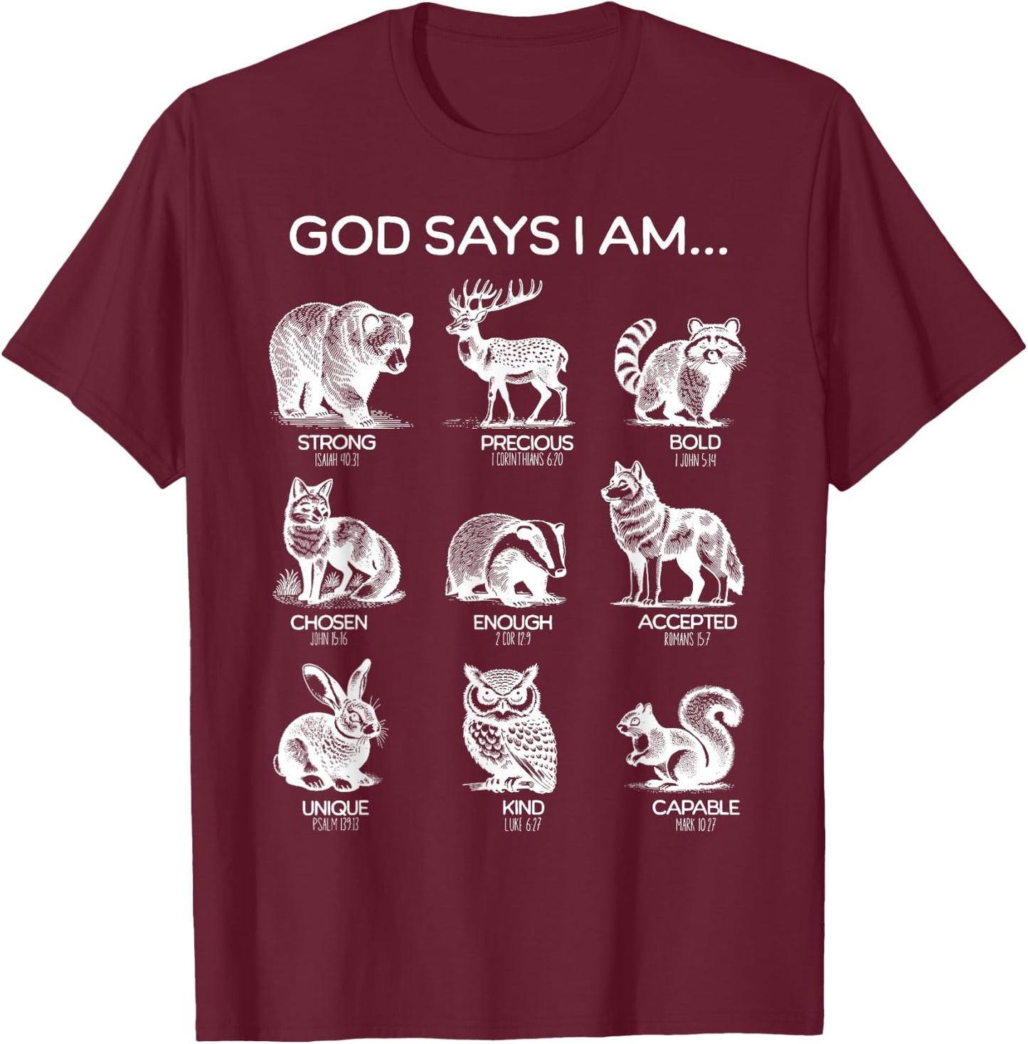 God Says I am Forest Animals Bible Verse Christian Hiking T-Shirt - T-Shirt | Maroon