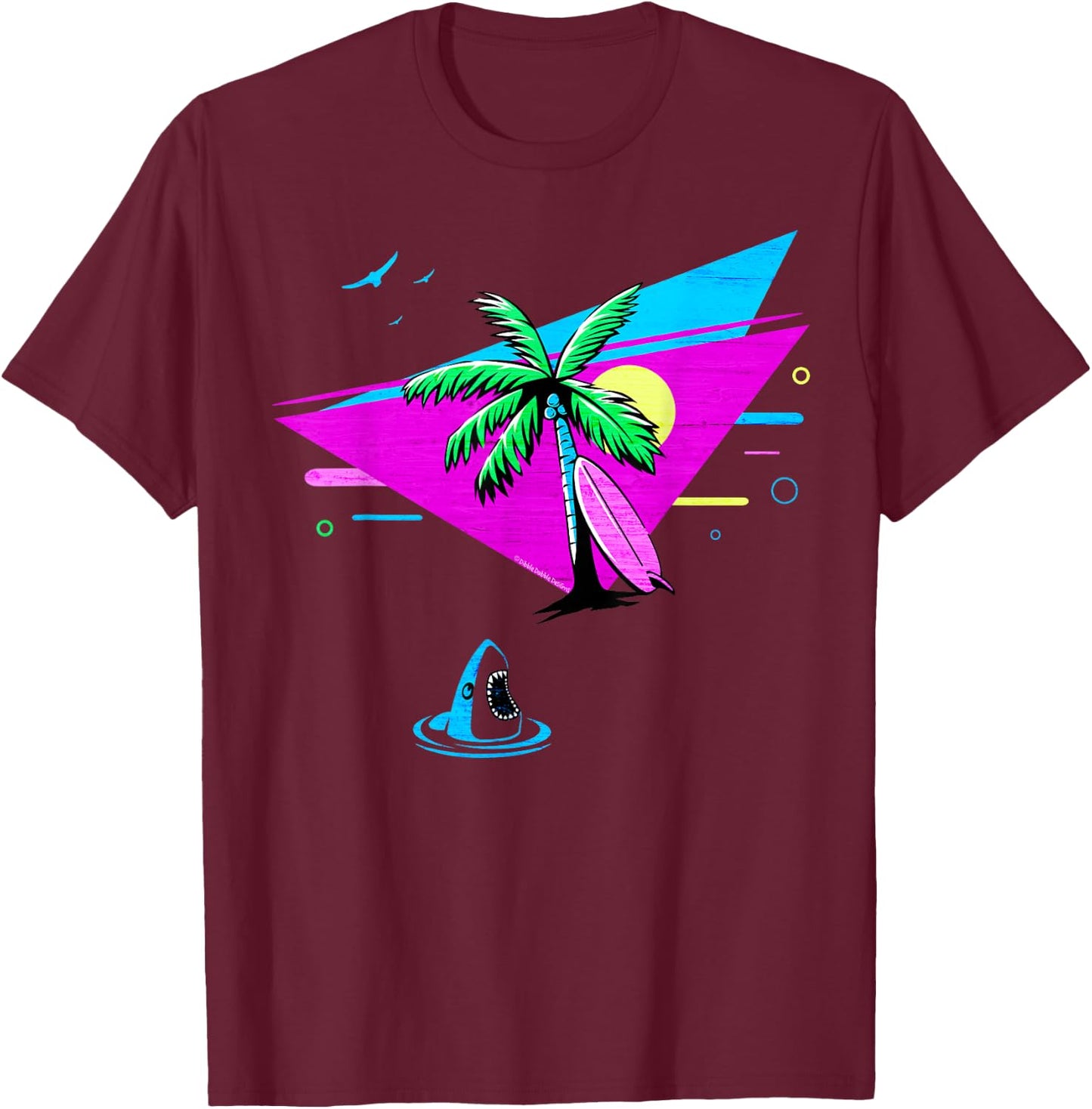 Fun Retro Tropical Vaporwave Palm Trees Shark and Surfboard T-Shirt - T-Shirt | Maroon