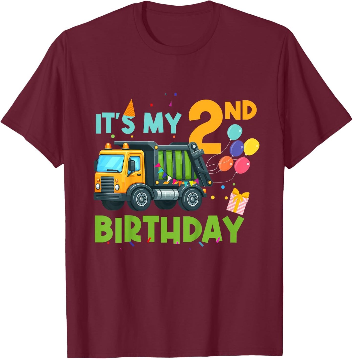 It's My Second Birthday 2 Year Old Garbage Truck Birthday T-Shirt - T-Shirt | Maroon