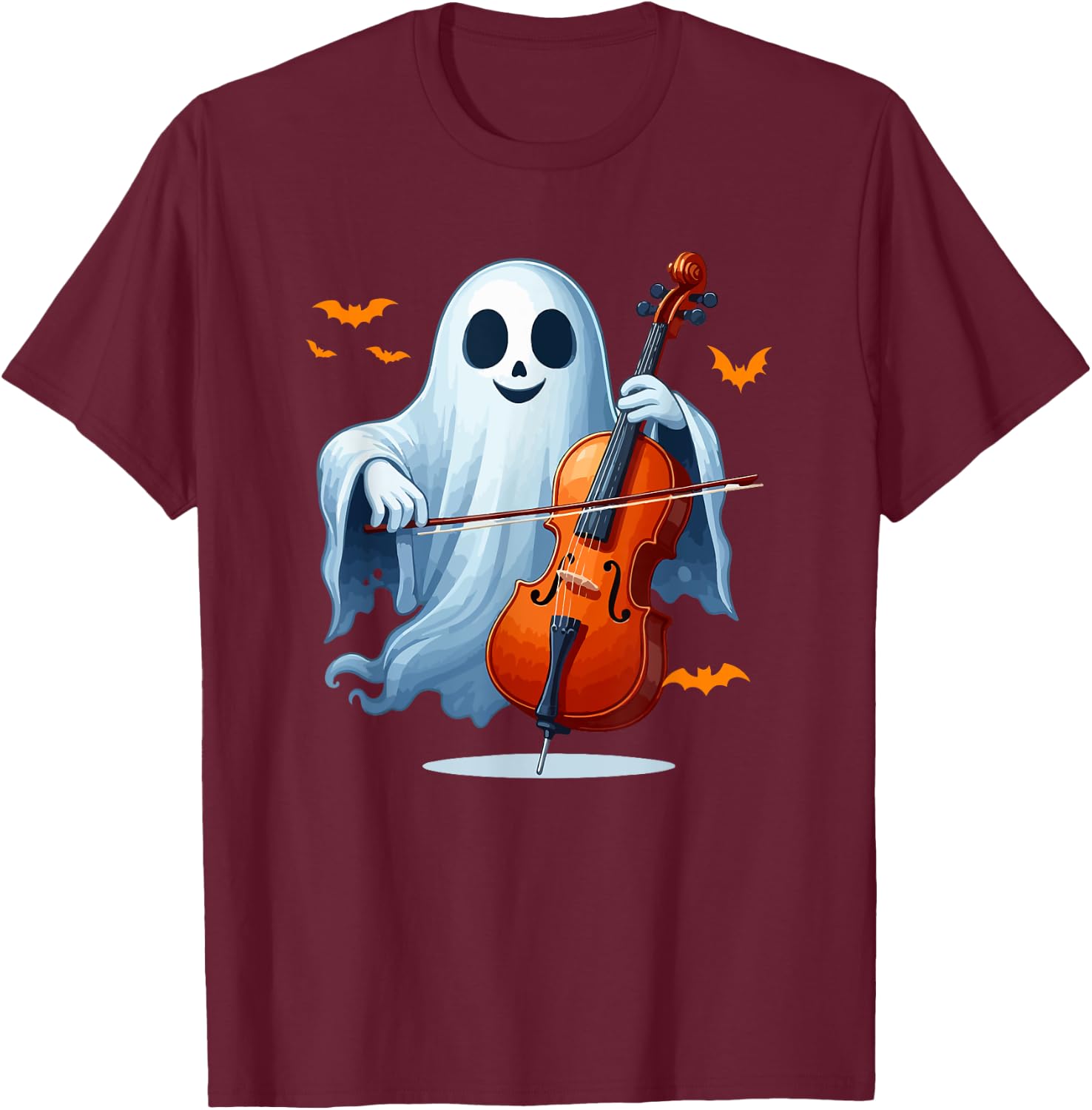 Boo Ghost Playing Cello Halloween Musical Instrument T-Shirt - T-Shirt | Maroon