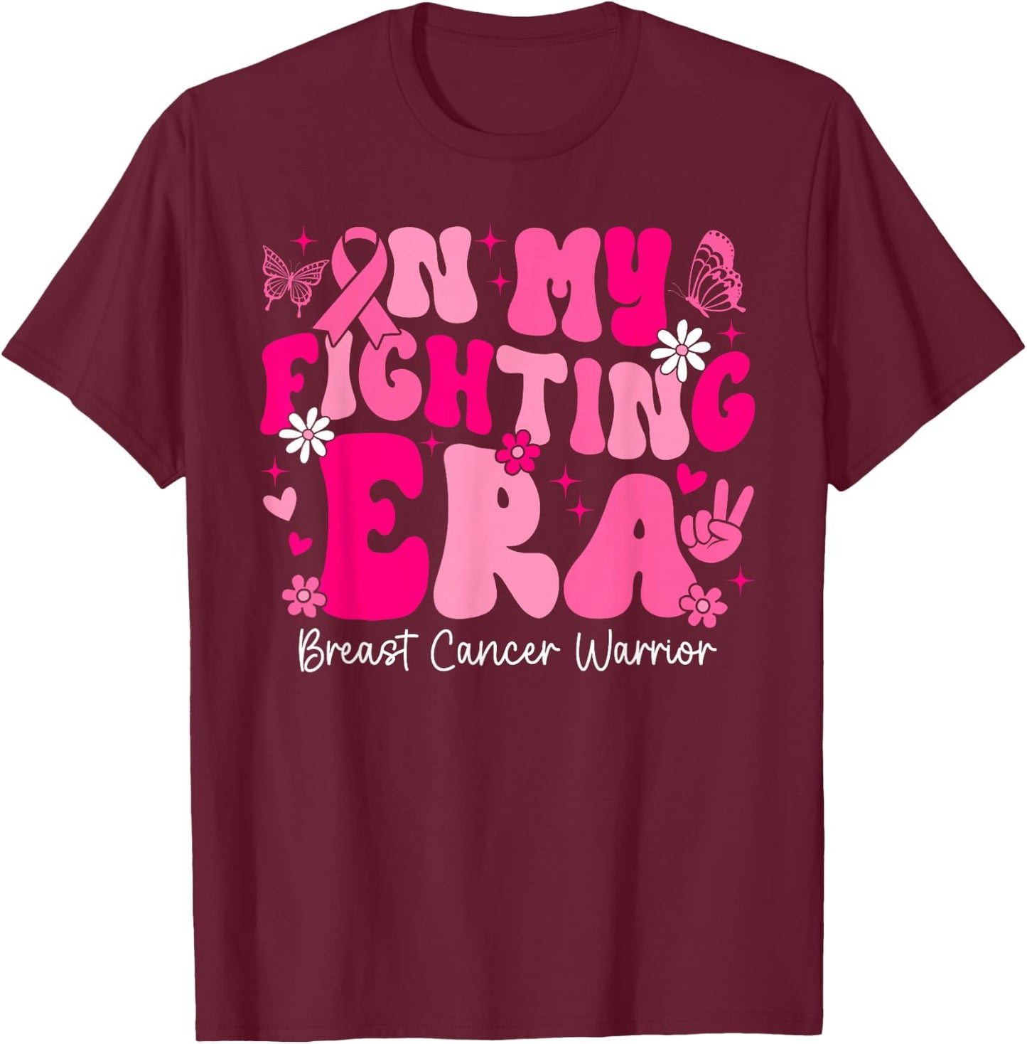 In My Fighting Era Breast Cancer Awareness Warrior Groovy T-Shirt - T-Shirt | Maroon