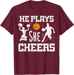 Basketball Cheerleader He Plays She Cheers Men Women Kids T-Shirt - T-Shirt | Maroon
