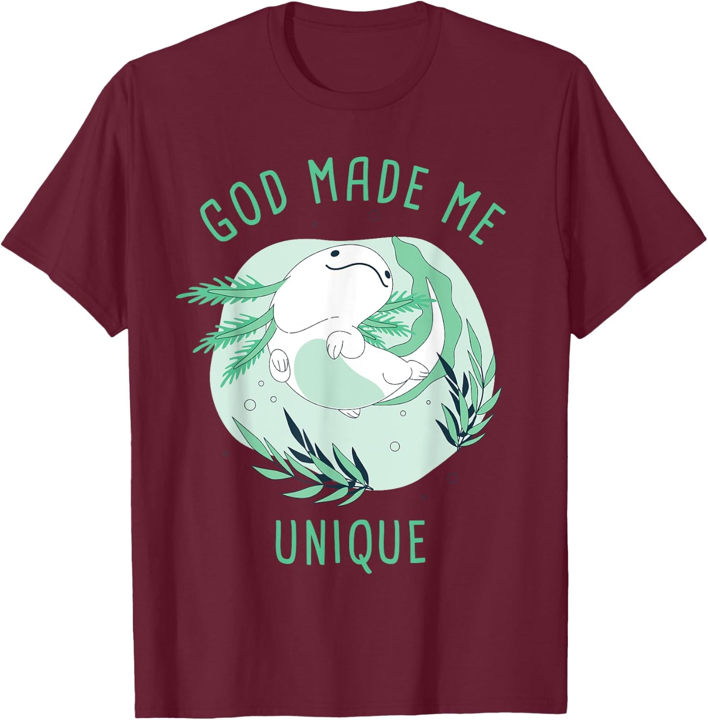 God Made Me Unique – Cute Axolotl Christian Faith Cartoon T-Shirt - T-Shirt | Maroon