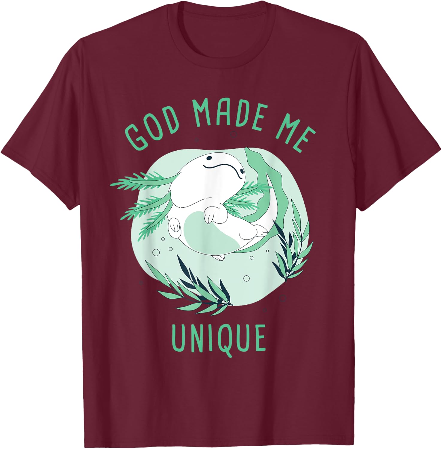 God Made Me Unique – Cute Axolotl Christian Faith Cartoon T-Shirt - T-Shirt | Maroon