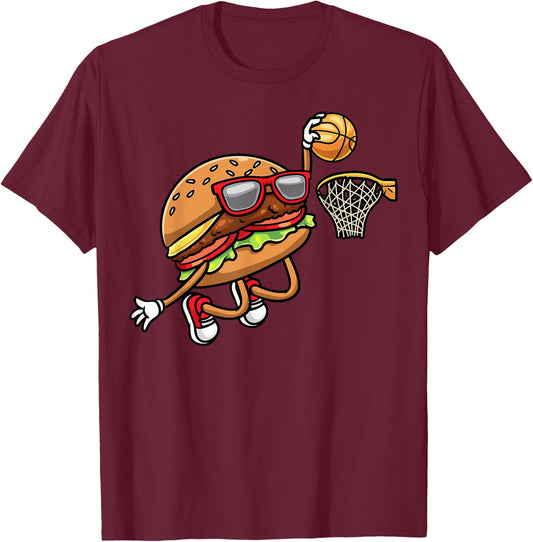 Hamburger Playing Basketball Fast Food Basketball Player T-Shirt - T-Shirt | Maroon