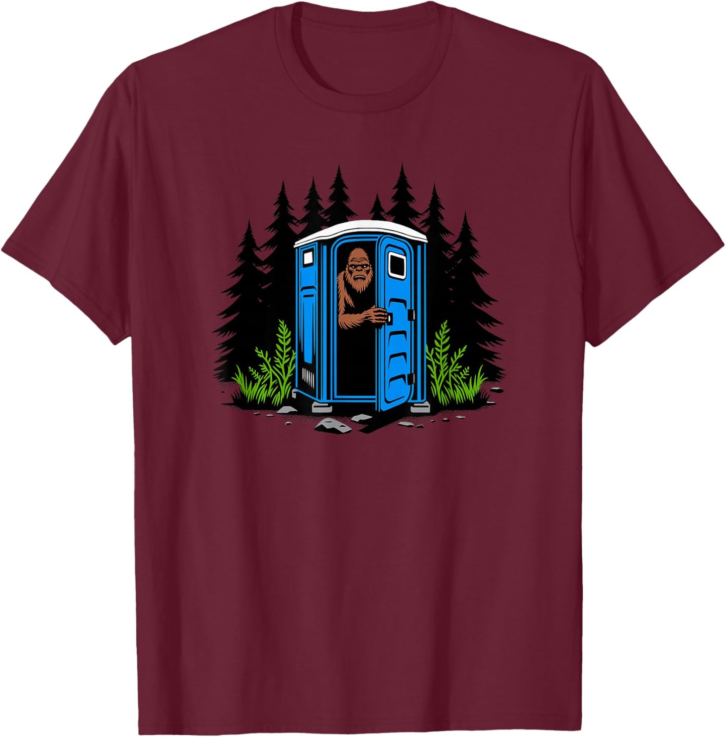 Bigfoot Peeking Out of A Porta Potty in The Woods T-Shirt - T-Shirt | Maroon
