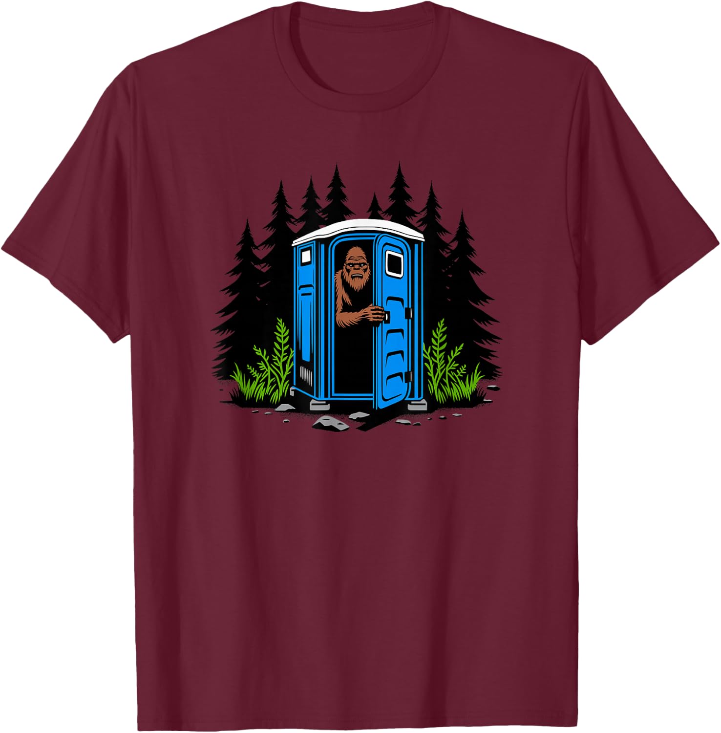 Bigfoot Peeking Out of A Porta Potty in The Woods T-Shirt - T-Shirt | Maroon