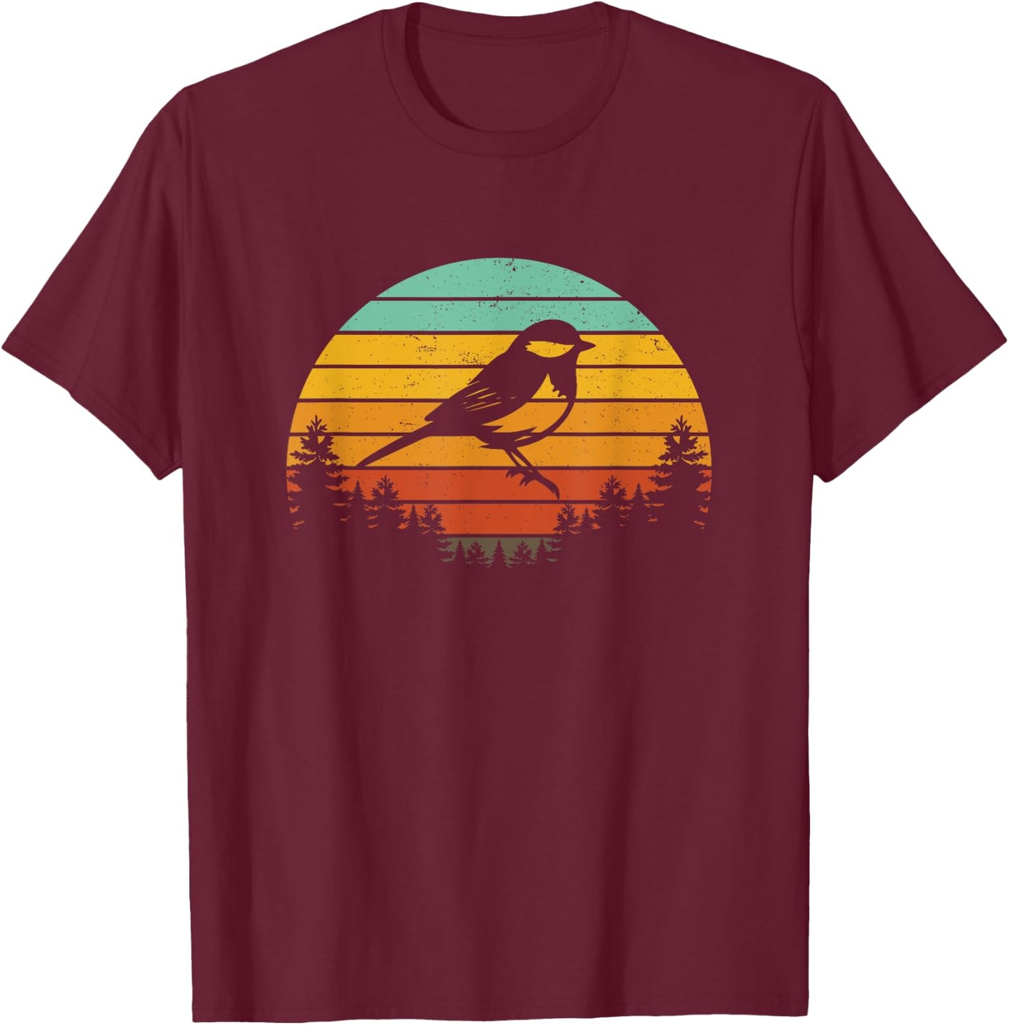 Chickadee Bird Silhouette Retro Vintage Art Design T-Shirt - T-Shirt | Maroon