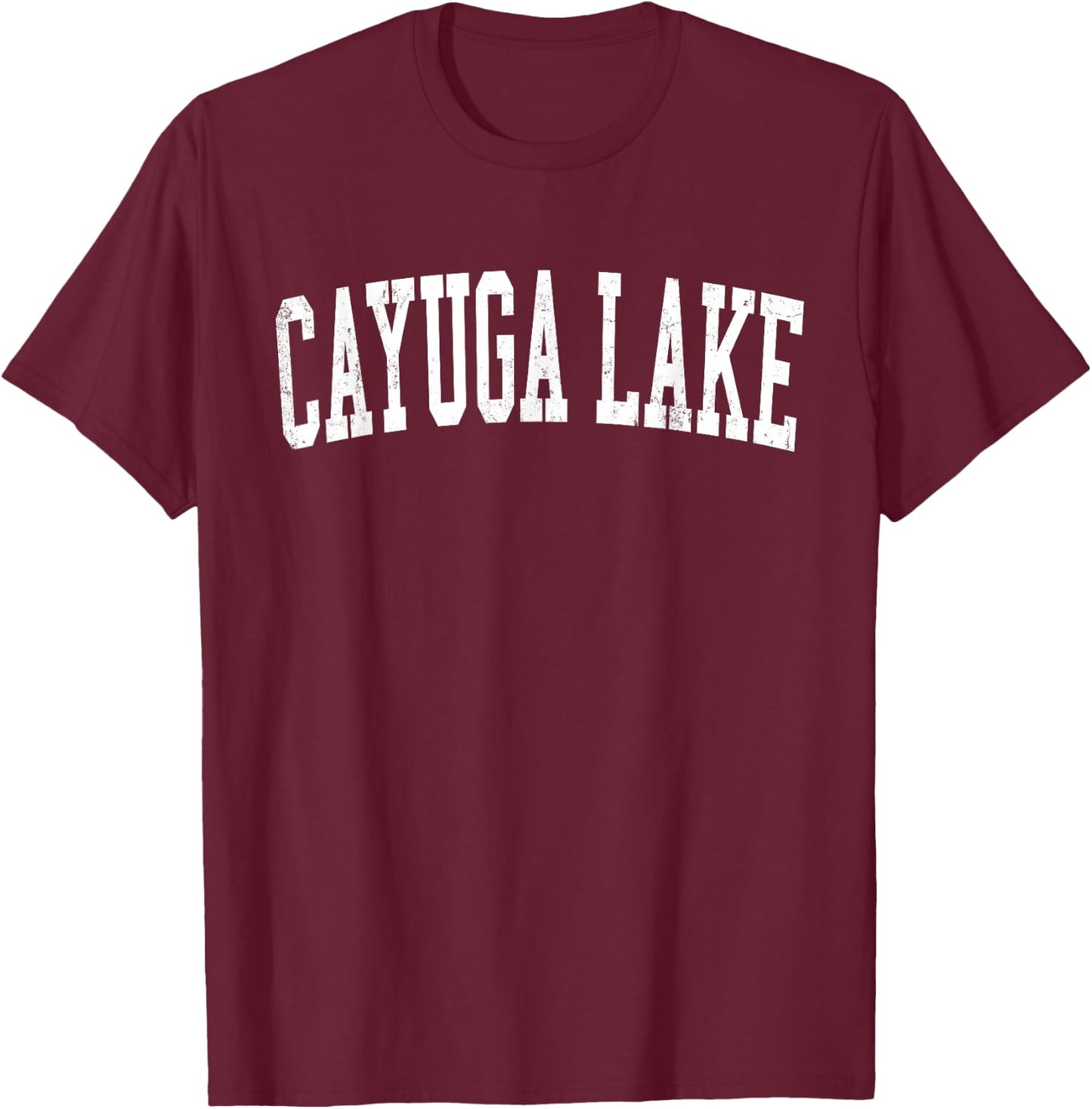 Vintage Cayuga Lake Distressed White Varsity Style T-Shirt - T-Shirt | Maroon