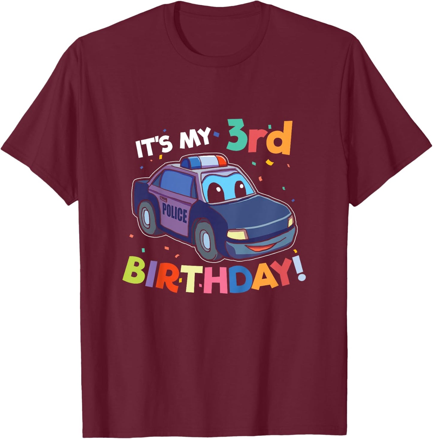 Kids 3 Year Old Shirt Birthday Boy Shirt 3rd Police Car Gift T-Shirt - T-Shirt | Maroon