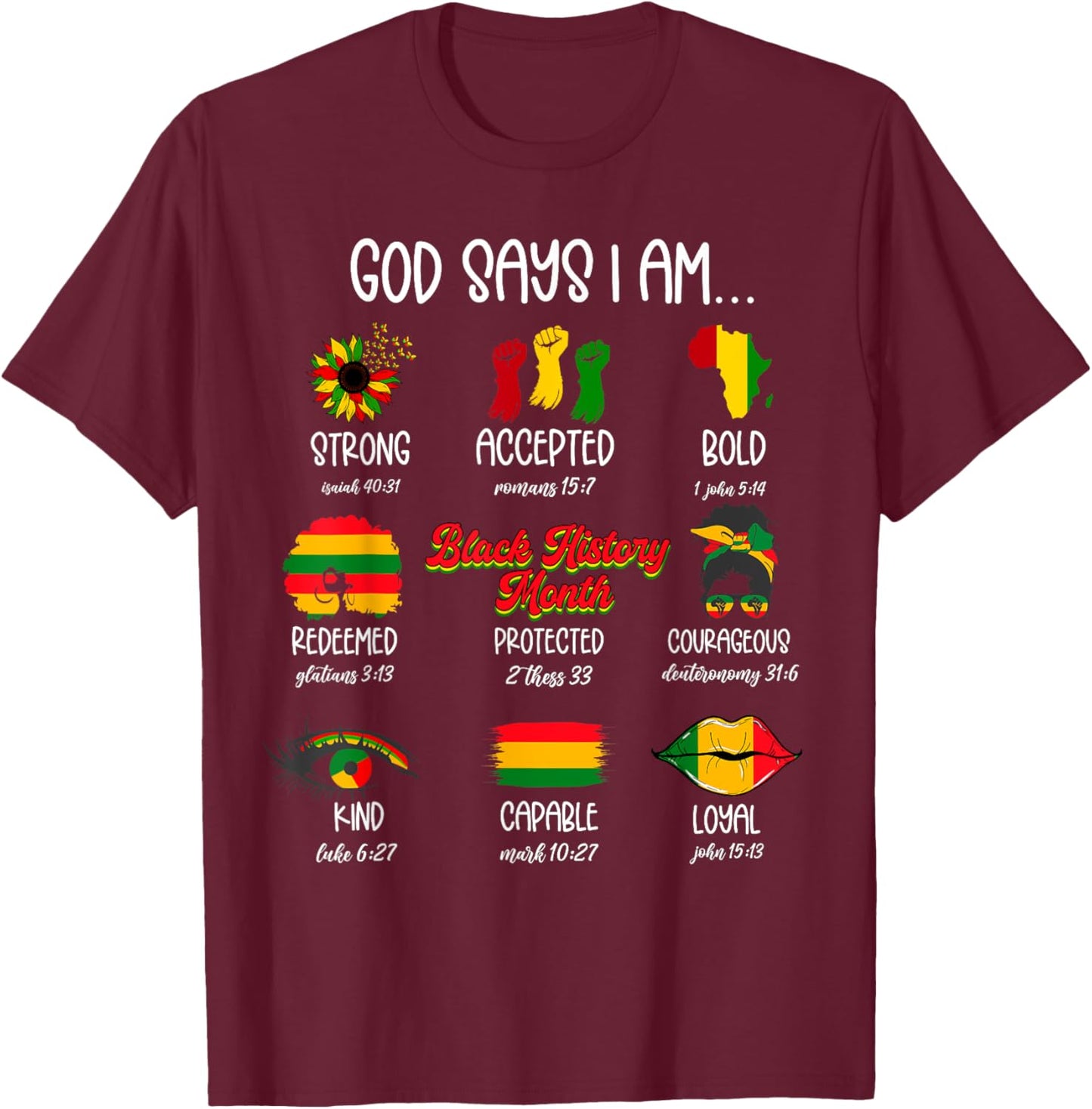 God Says I Am Black History Month Christian Faith African T-Shirt - T-Shirt | Maroon
