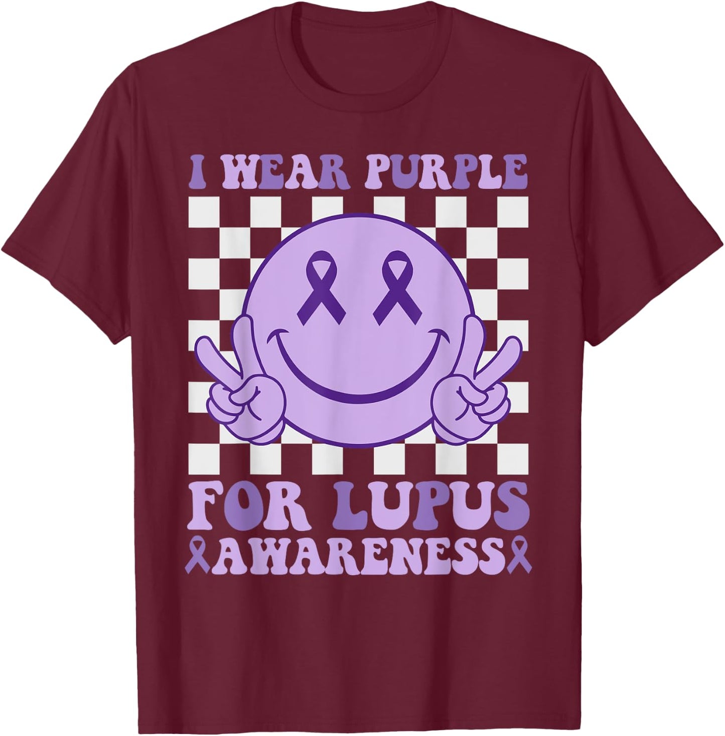 I Wear Purple For Lupus Awareness Happy Face & Ribbon Kids T-Shirt - T-Shirt | Maroon