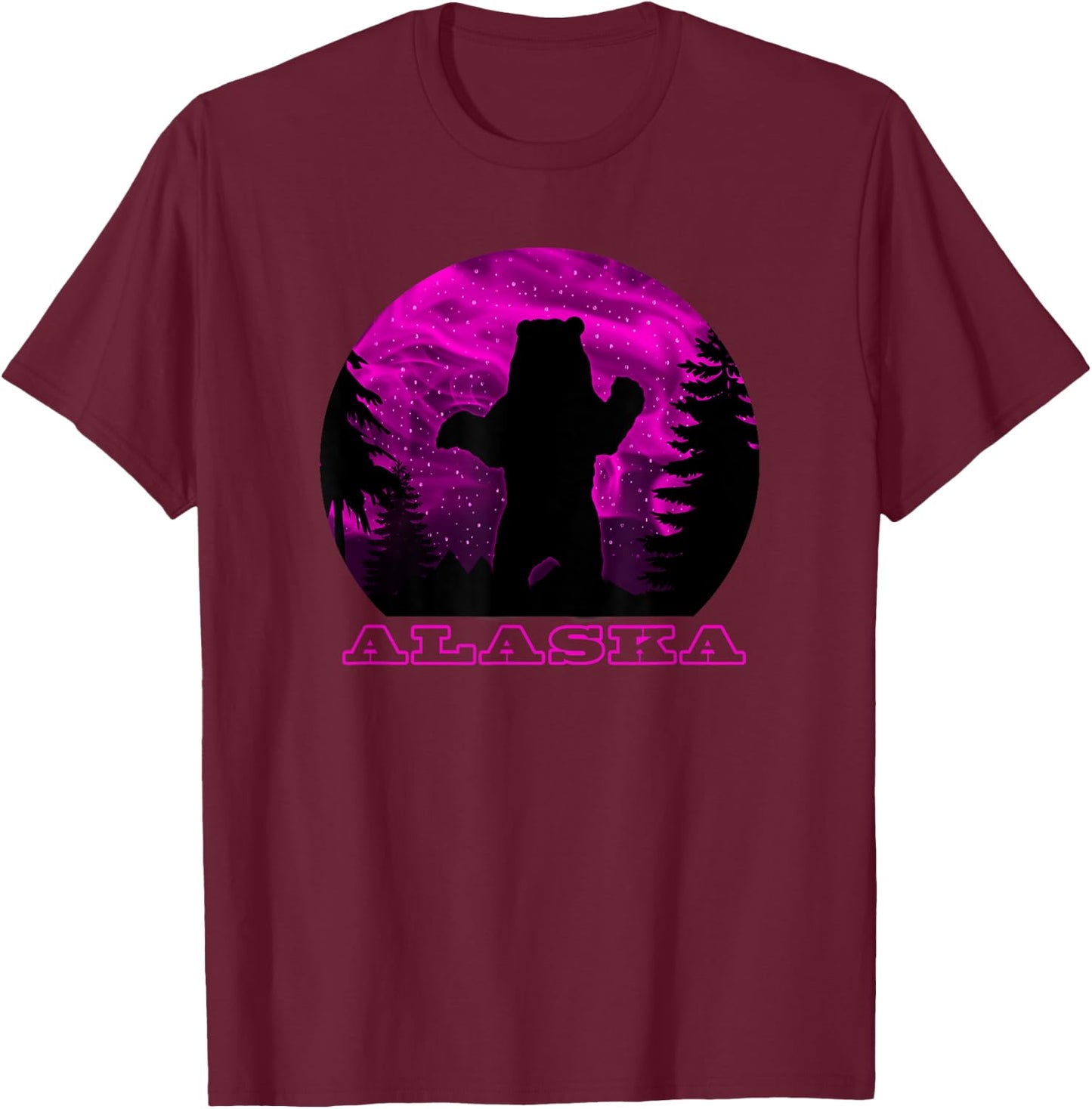 Alaska Grizzly Bear with Pink Northern Lights in Background T-Shirt - T-Shirt | Maroon