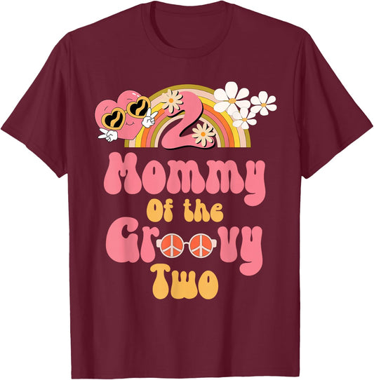 Mommy of the Groovy Two peace sign retro birthday matching T-Shirt - T-Shirt | Maroon