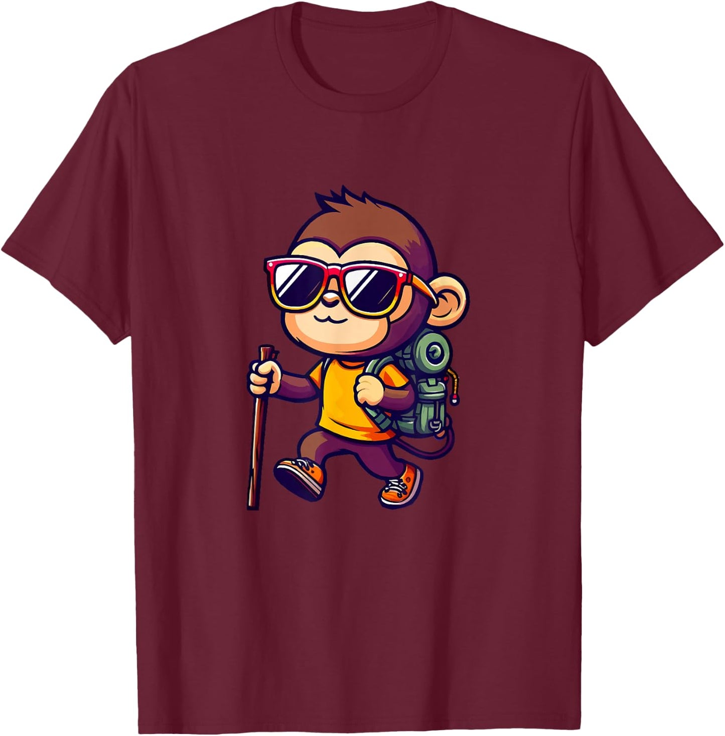 Hiking Monkey With Backpack And Walking Stick T-Shirt - T-Shirt | Maroon