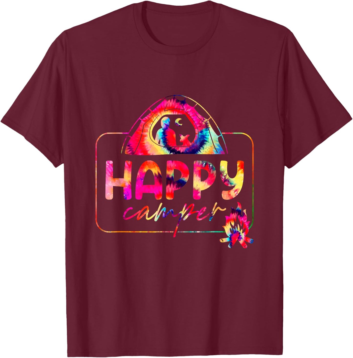 Happy a Camper Tie Dye Rainbow Camping Hippie Campfire T-Shirt - T-Shirt | Maroon