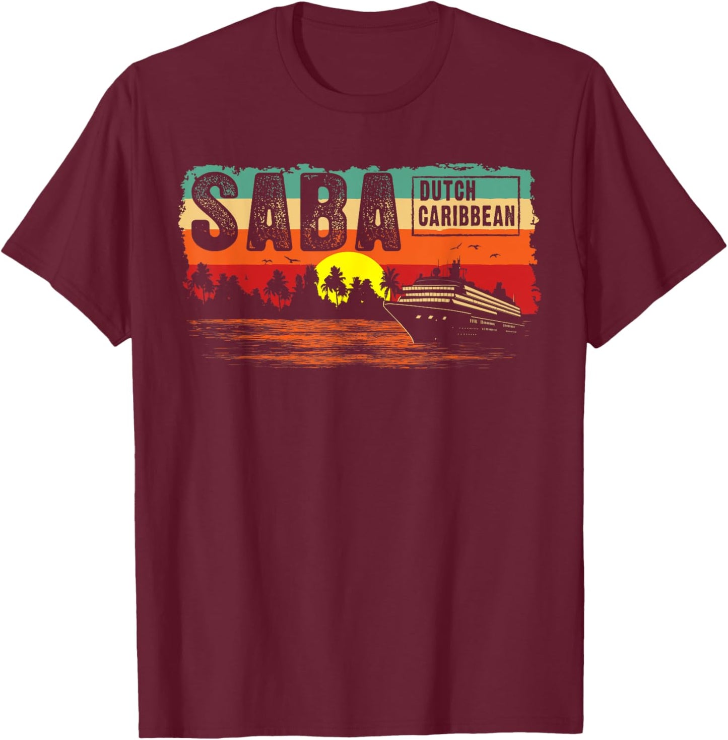 Vintage Tropical Sunset Dutch Caribbean Saba Island T-Shirt - T-Shirt | Maroon