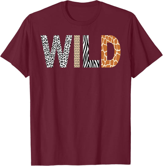 Wild Animal Pattern Giraffe Wolf Leopard Zebra Animal Print T-Shirt - T-Shirt | Maroon