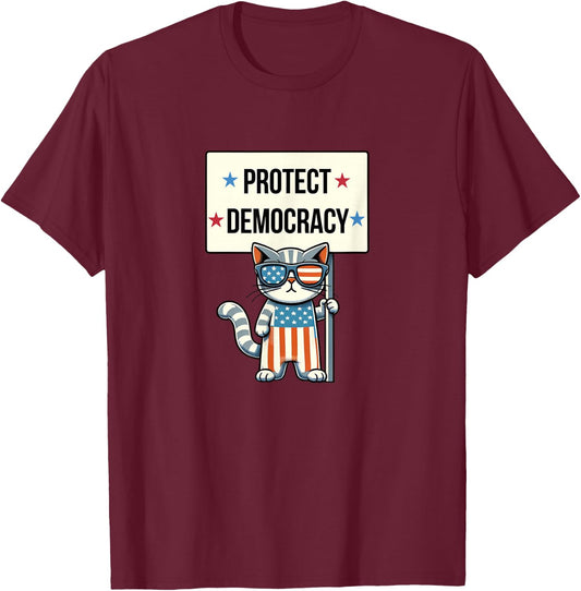 Protect Democracy - Patriotic Cat T-Shirt - T-Shirt | Maroon