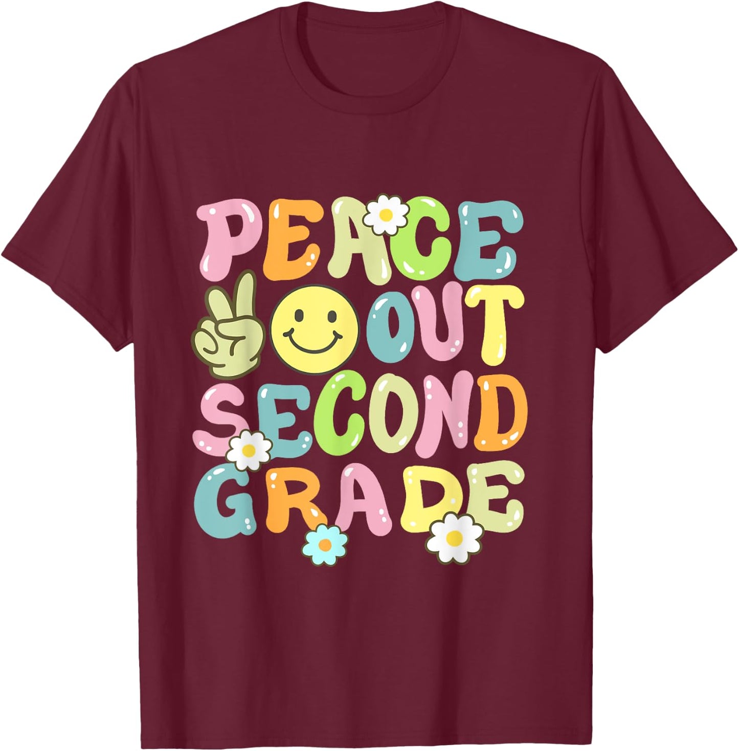 Groovy Peace Out Second Grade Kids 2nd Grade Last Day School T-Shirt - T-Shirt | Maroon