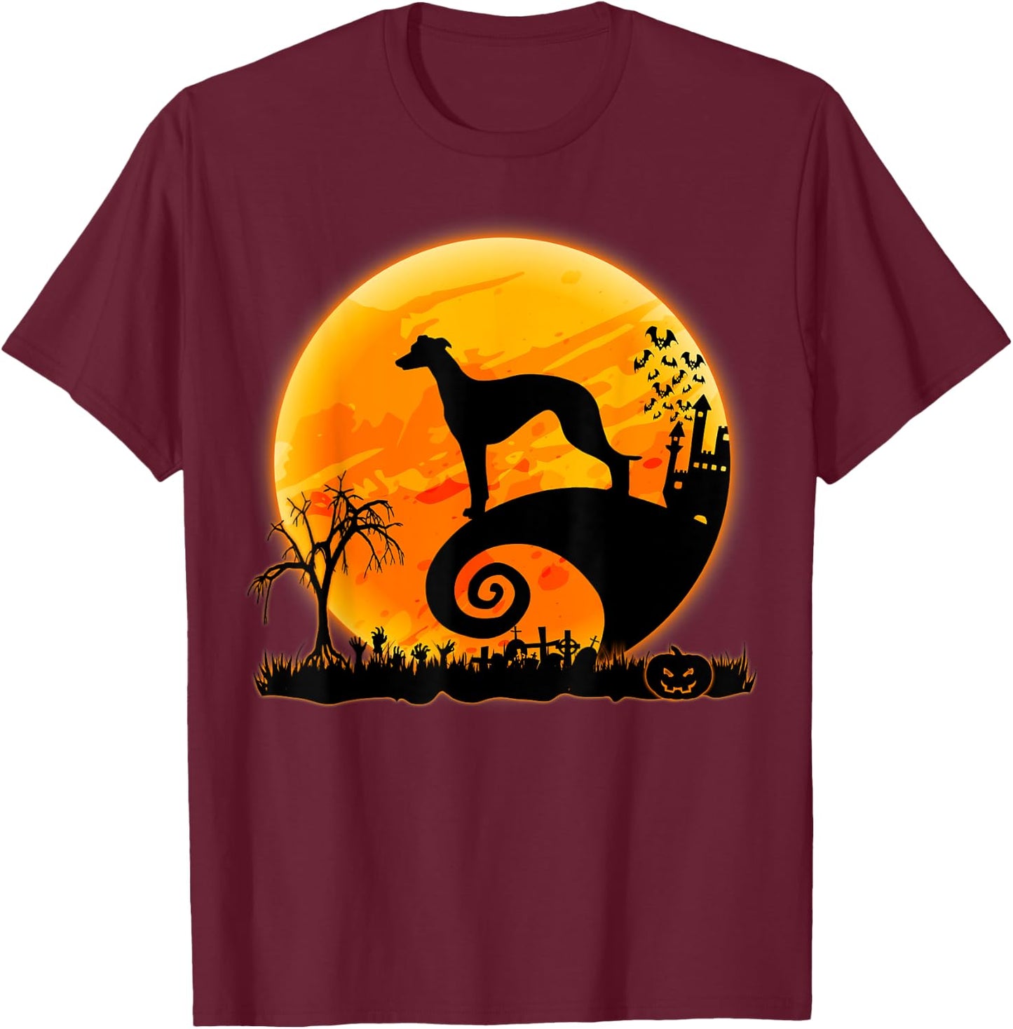 Whippet Dog Scary And Moon Funny Halloween Costume Men Women Kids T-Shirt - T-Shirt | Maroon