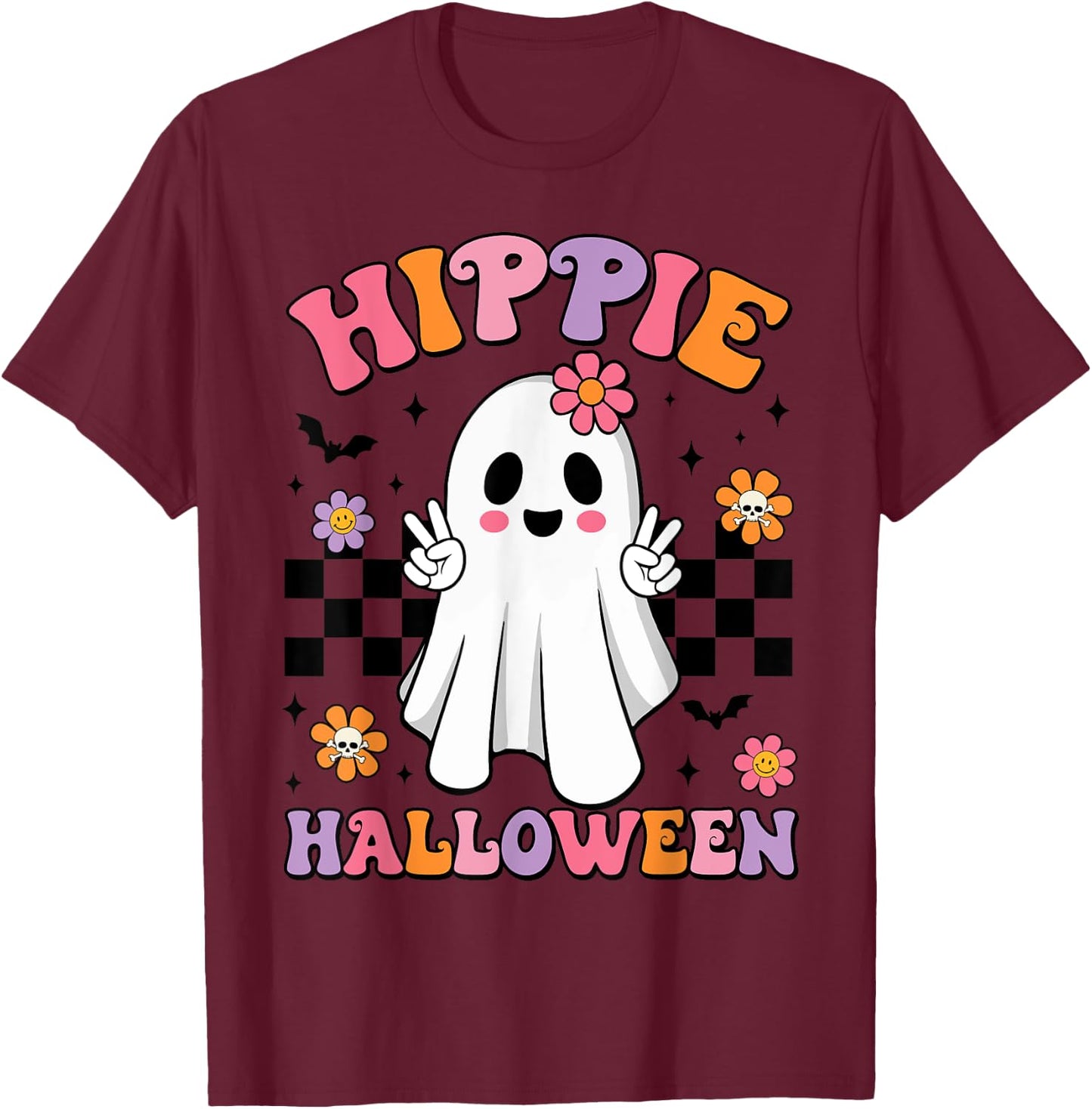 Groovy Boo Hippie Halloween Peace Ghost Halloween Girl Women T-Shirt - T-Shirt | Maroon