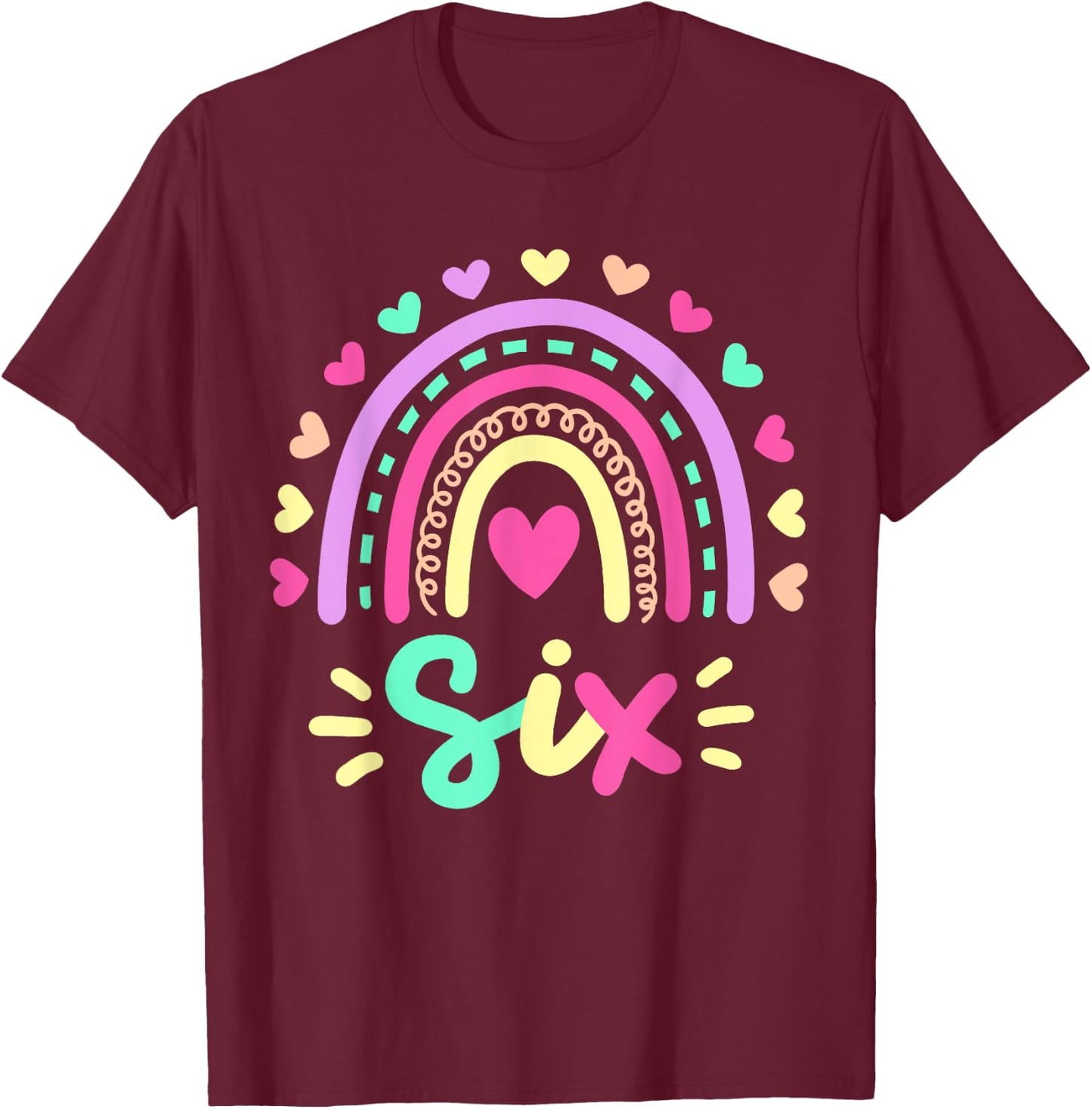 Six 6th Birthday Retro Rainbow Boho 6 Years Old Girls Kids T-Shirt - T-Shirt | Maroon