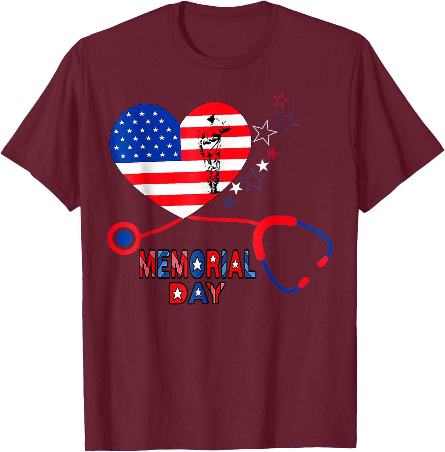 Nurse Stethoscope Heart Patriotic Memorial day Flag America T-Shirt - T-Shirt | Maroon