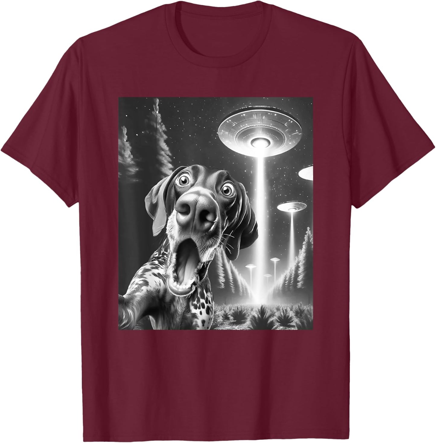 Funny German Shorthaired Pointer Alien UFO Taking a Selfie T-Shirt - T-Shirt | Maroon