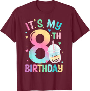 It's My 8th Birthday Bubble Boba Tea Party 8 Year Old Girl T-Shirt - T-Shirt | Maroon