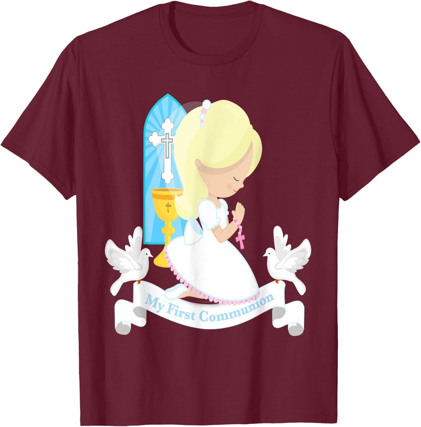 My First Communion Shirt Gift Cute Kids Daughter Girl Blonde T-Shirt - T-Shirt | Maroon