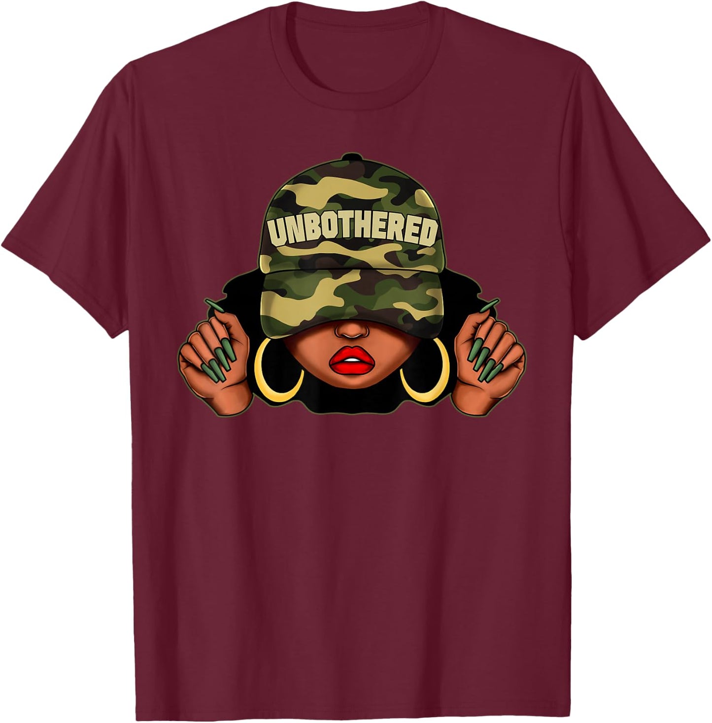Unbothered Black Girl with Cap Camo Afro Woman Black Queen T-Shirt - T-Shirt | Maroon